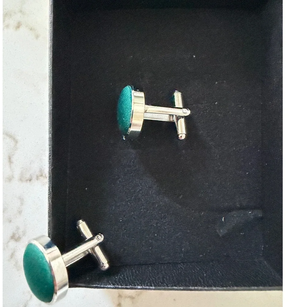 Azazie Mens Emerald Green Satin Silver Tone Round Cufflinks Old Money Minimalist